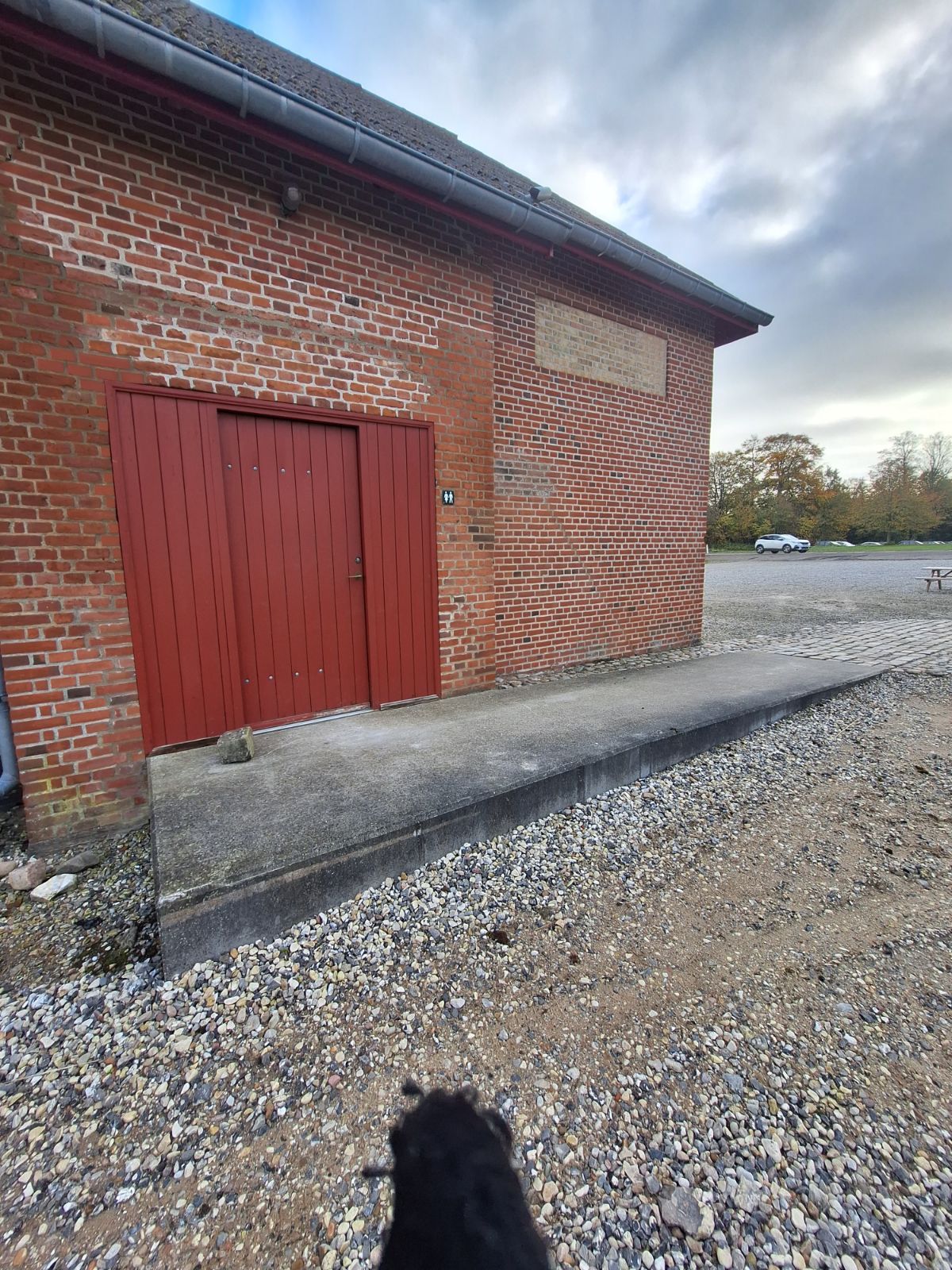 Indgangen til toiletterne er med en cement opkørsel fra brosten foran besøgscenteret. Toiletterne er markeret med M/K skilt. Indgangen er uden trin.