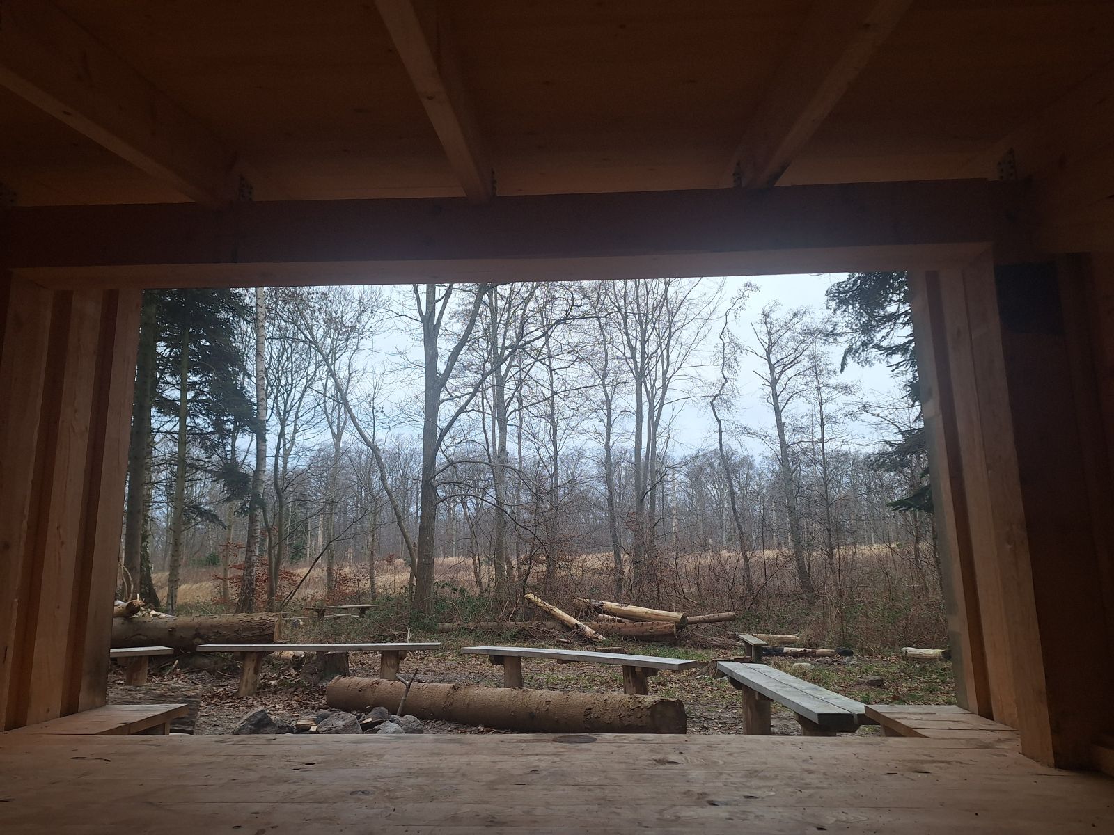 Billedet viser udsigten fra indgangen til et shelter. Her ses tre ud af fire bænke om et bålsted og bagved dette ses lidt løv- og nåletræer, hvorigennem man kan skimte et lysåbent naturområde.