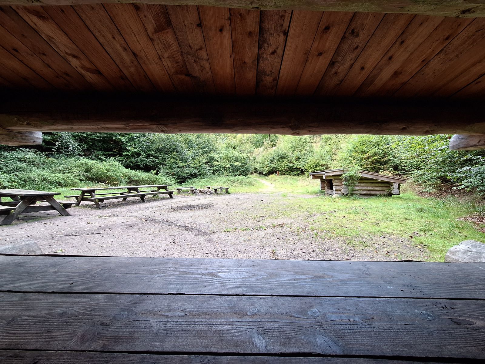 Billedet viser udsigten fra indgangen til et shelter. Her ses en anden shelter, samt bordebænkesæt og to bålpladser