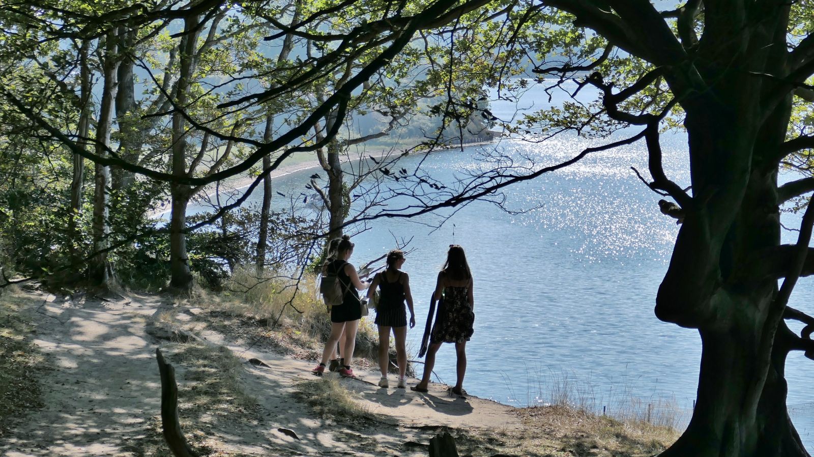 3 personer står på en skrænt og kigger ud over vandet