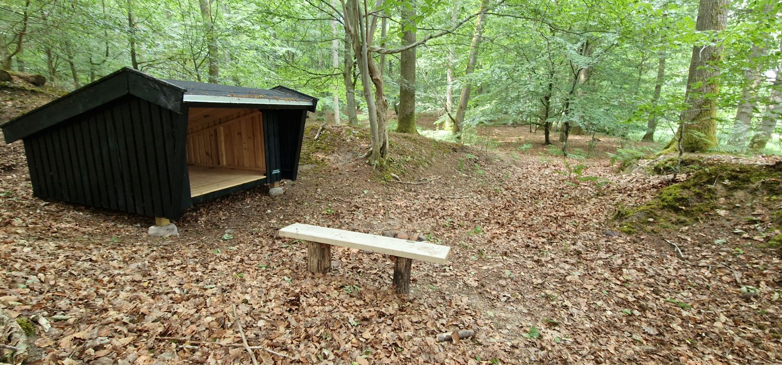 Shelter med bænk og bålsted