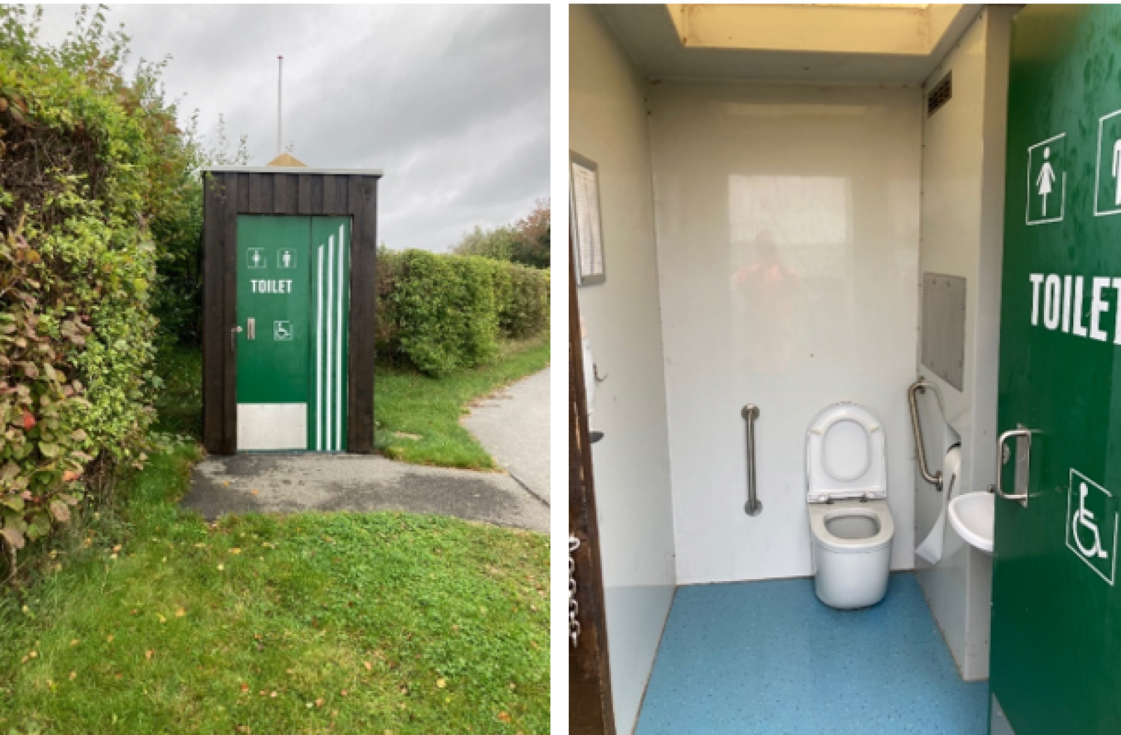 Toilettet er placeret direkte ved parkeringspladsen. Adgangen er flisebelagt. Toilettet er ikke et decideret handicaptoilet, men kan formodentligt dog godt anvendes af kørestolsbrugere - se billede.