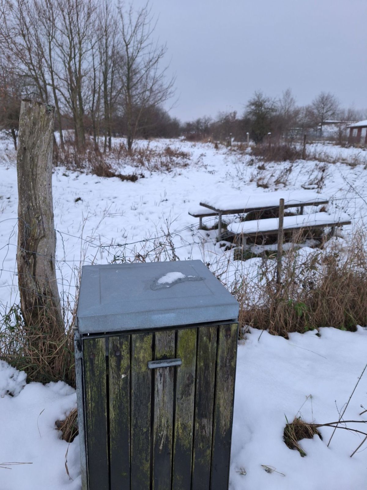 Skraldespand udenfor den hegnede hundeskov. Bag hegnet ses et bordebænkesæt.