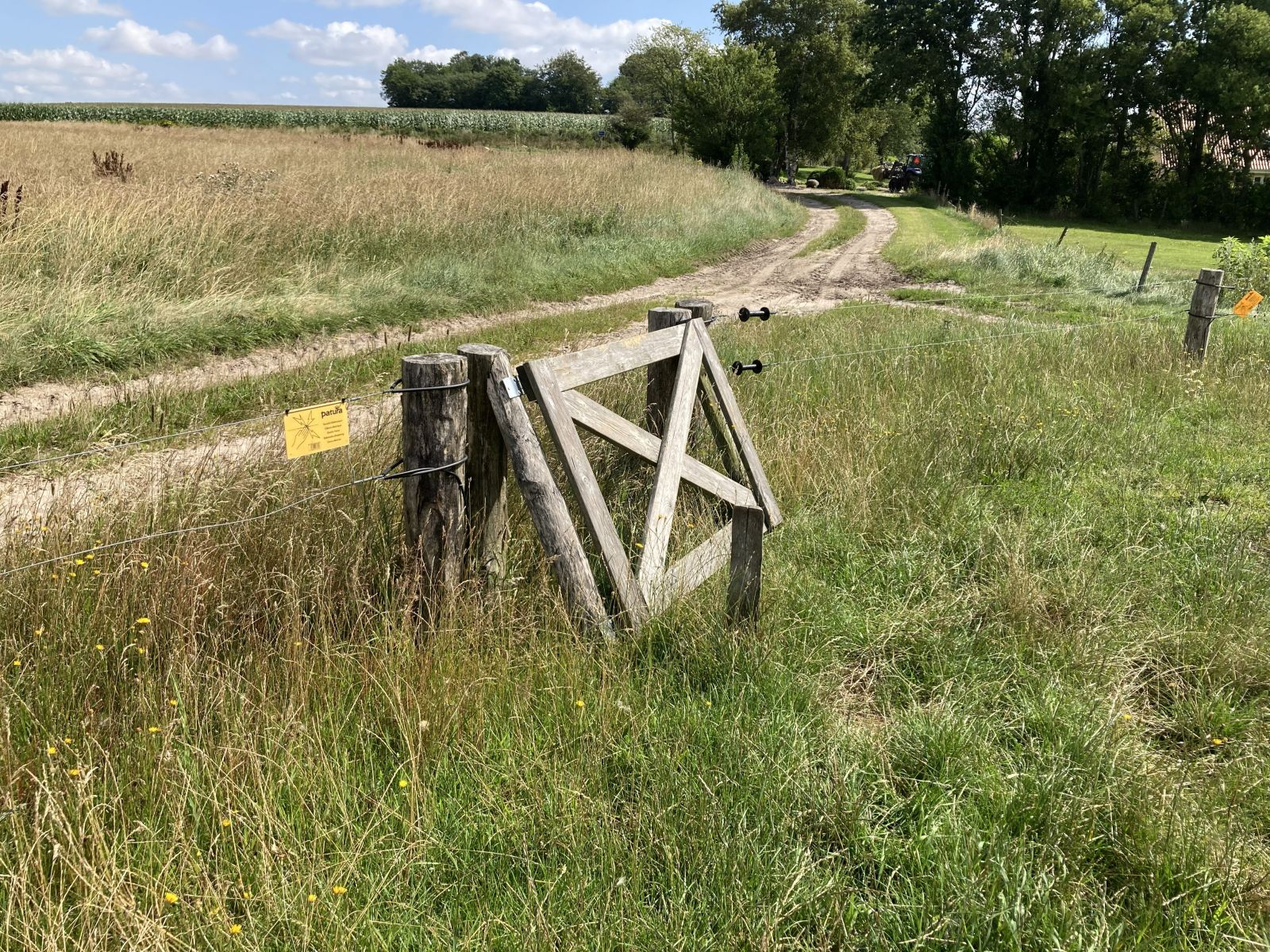 En lukket klaplåge lavet i træ midt i billedet. På ydersiden ses en vej på sandet jordbund med vegetation i midtersporet. 