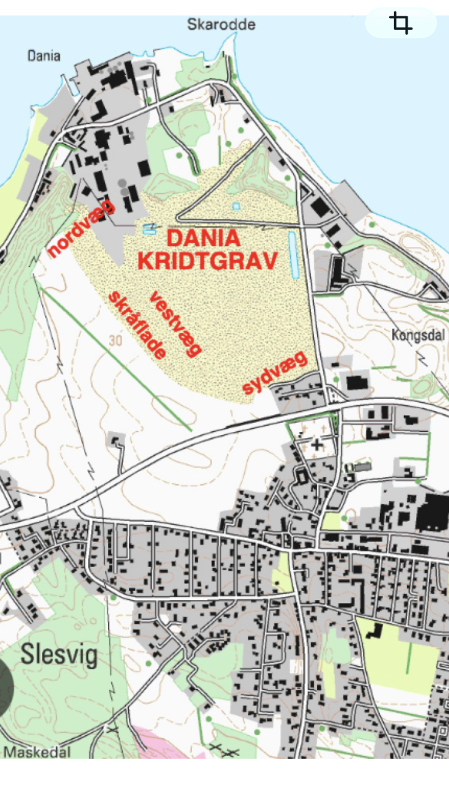 Et kort over Dania Kridtgrav med forklarende tekst.