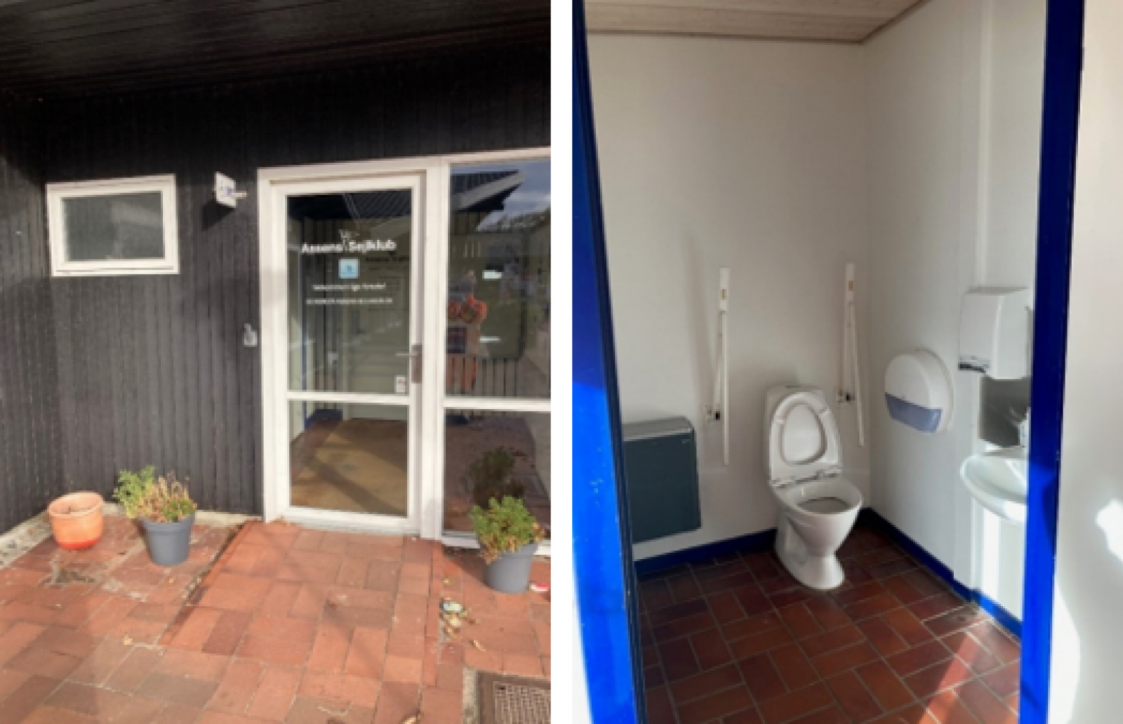 Handicaptoilettet ligger ind ad døren i hjørnet af den røde asfalterede gård.