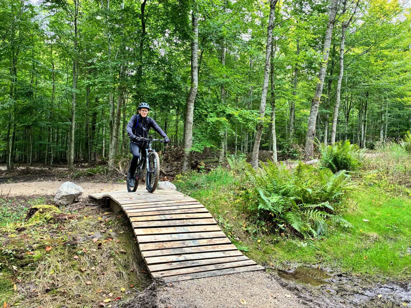 Mountainbike, der kører over en kort træbro