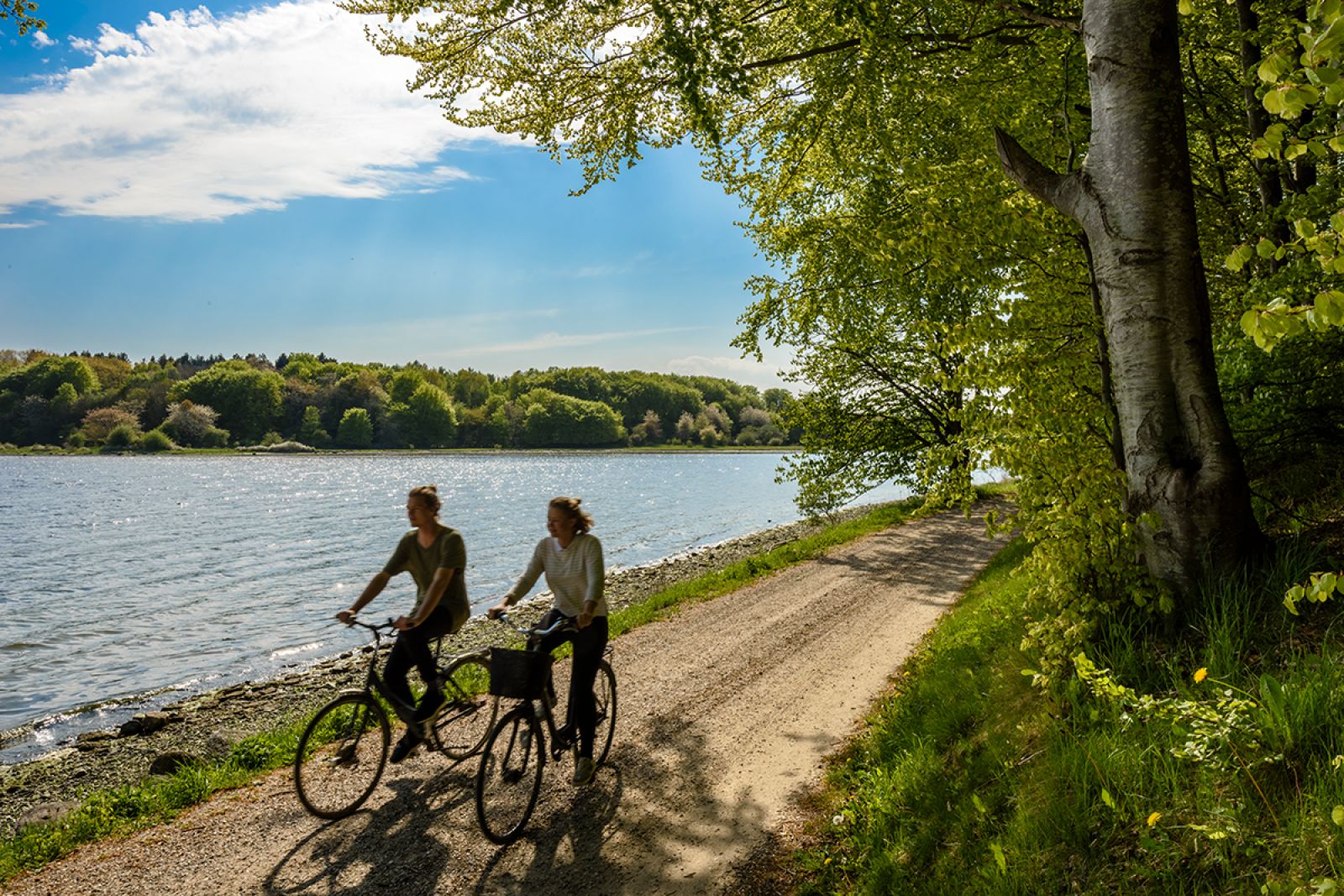 To cyklister på grusvej ved siden af fjorden med skovbevokset bred på den anden side