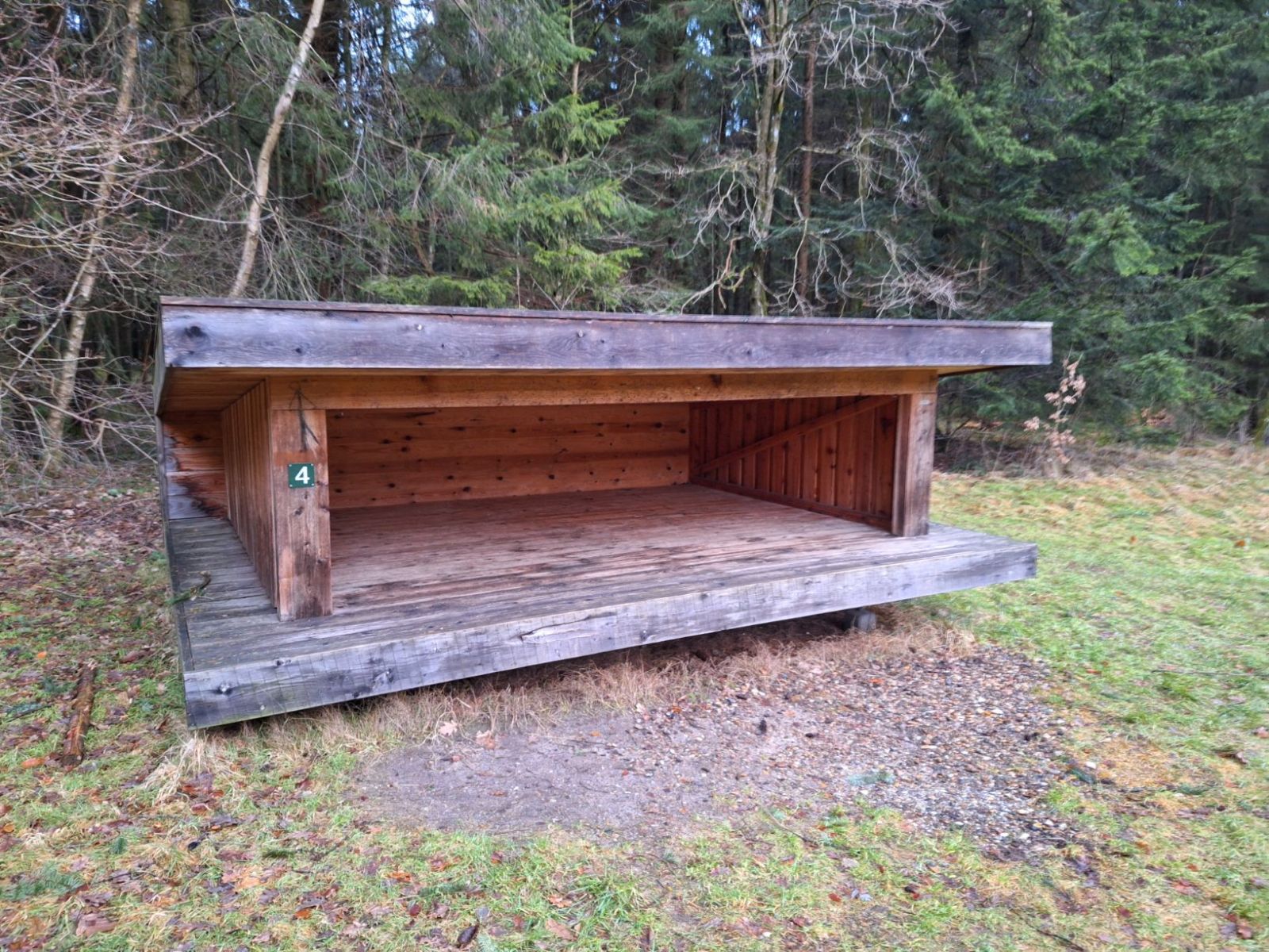 Shelter nummer 4 i efteråret med nåleskov i baggrunden