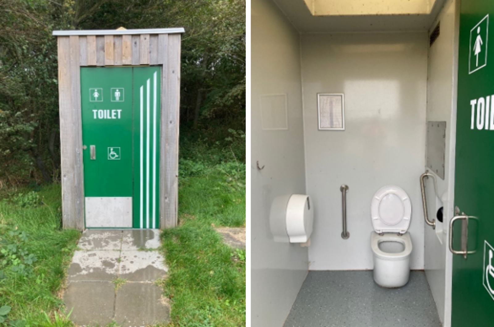 Adgangen til toilettet er flisebelagt. Multtoilettet er helårsåbent. Der er ikke tilsluttet vand. Toilettet er ikke et decideret handicaptoilet, men kan formodentligt dog godt anvendes af kørestolsbrugere - se billede.