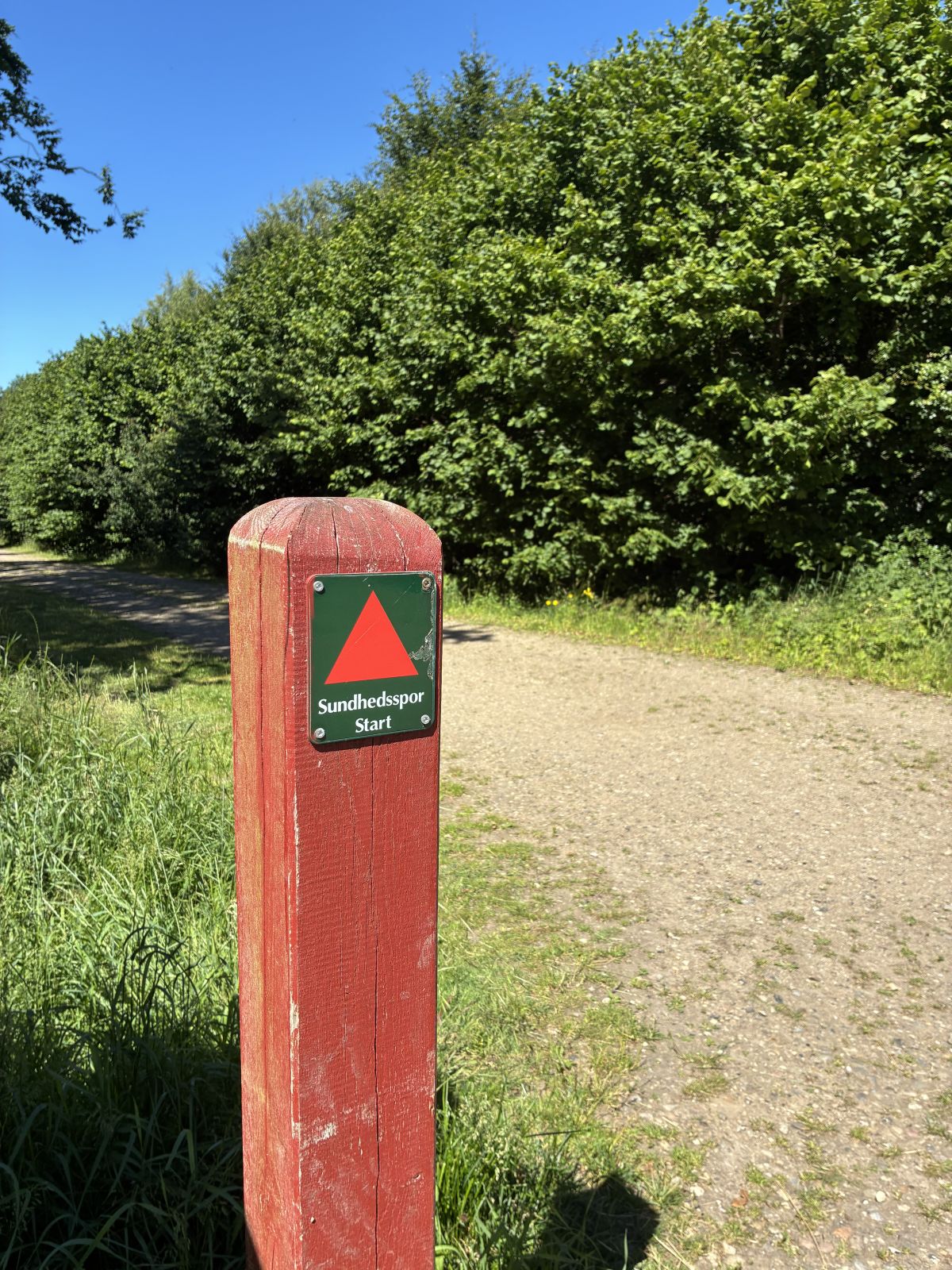 Rød pæl med trekantet symbol, der fortæller hvilken vej man skal gå