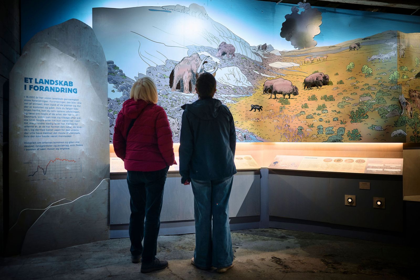 To personer står i udstillingen og ser på et billede af et steppelandskab med fortidsdyr