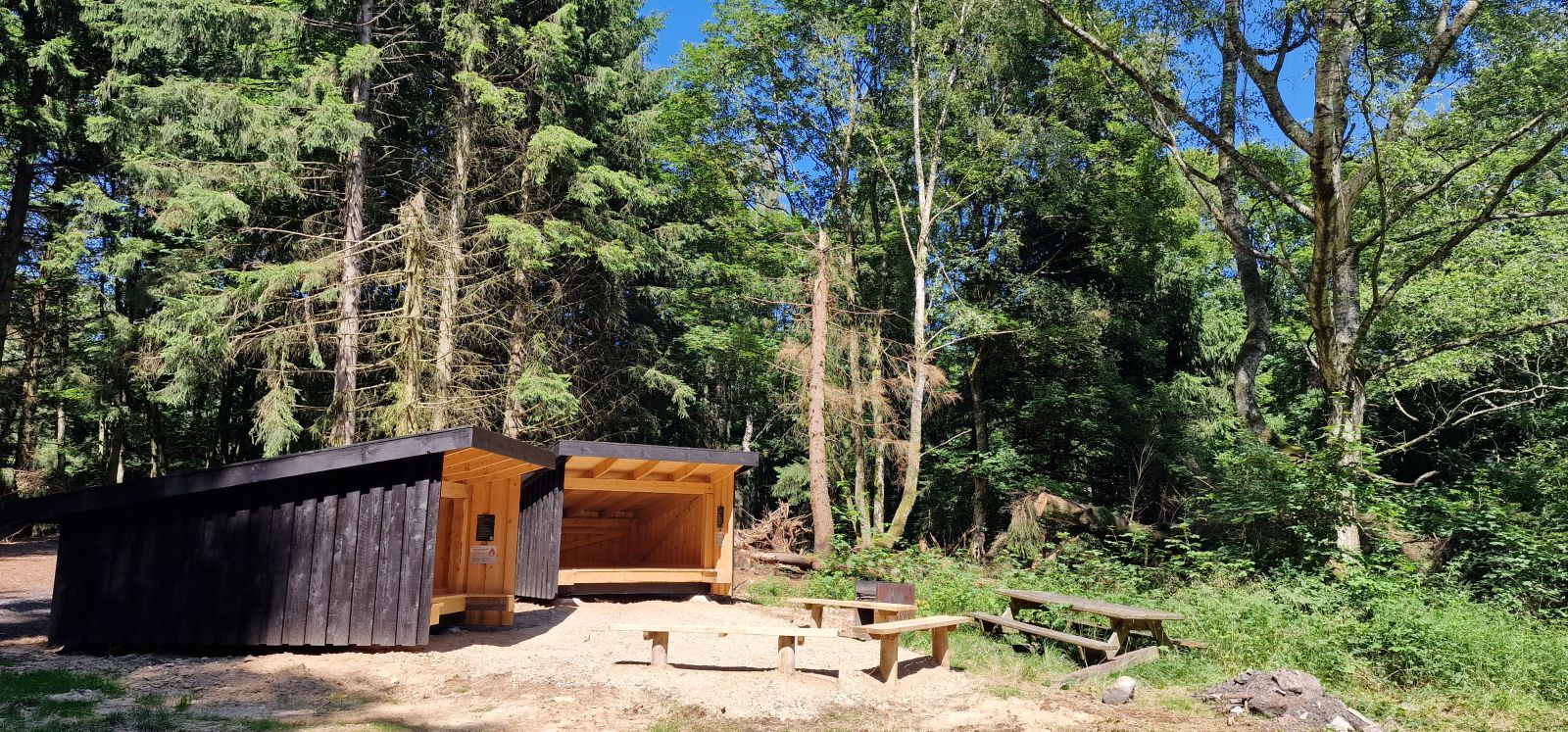 Billedet viser to shelter, et bålsted og bordebænkesæt, beliggende i en lysning i overgangen mellem nåle- og løvskov