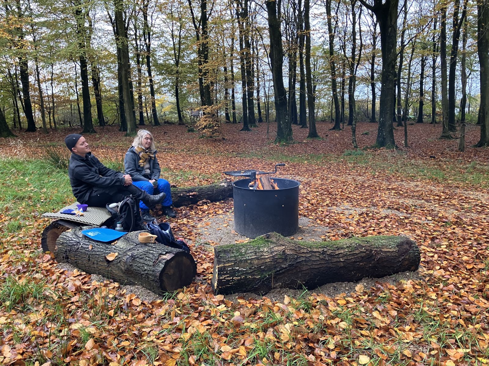 Bålplads med bålgrill med høj rist. Siddepladser på træstammer rundt om bålet.