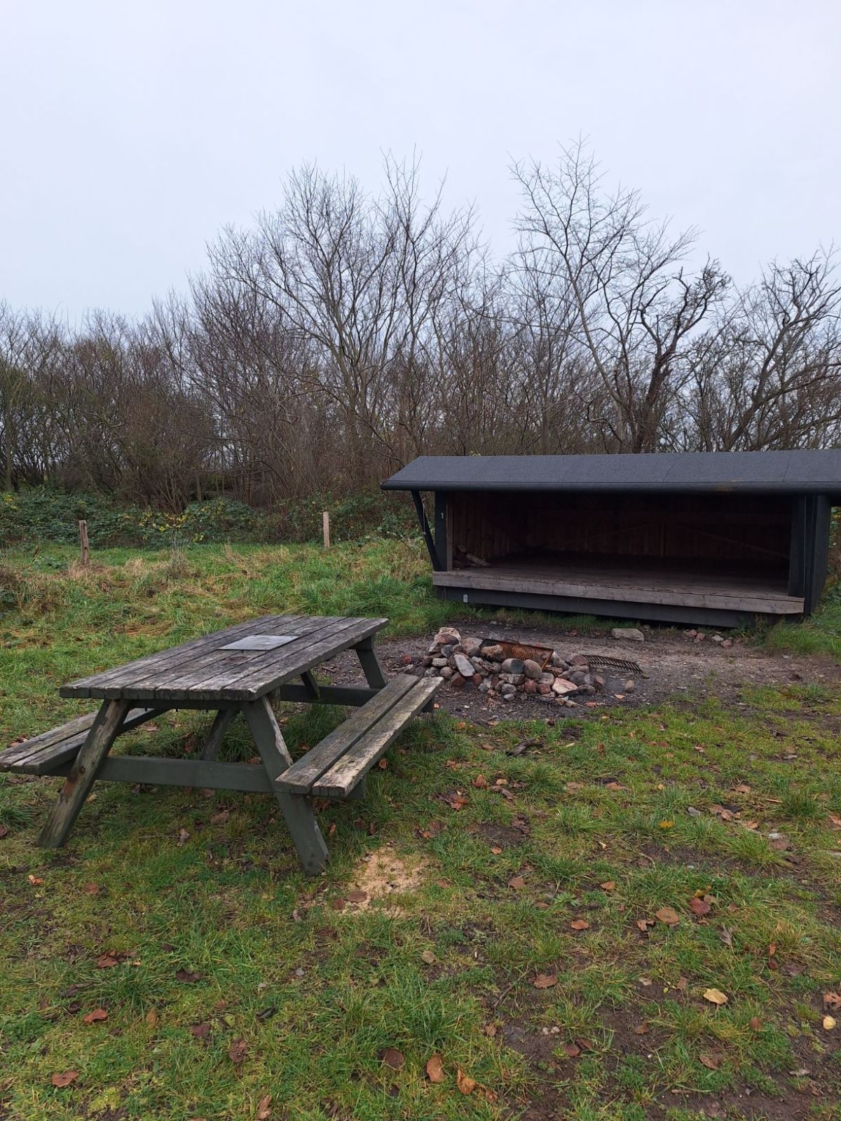 Bålplads foran shelter nummer 1 med et bordebænkesæt foran. Bordpladen er udstyret med en ildfast metalplade. I baggrunden ses indhegningen som omkranser pladsen. Bålpladsen er med sandet underlag og det øvrige areal er med græstæppe.