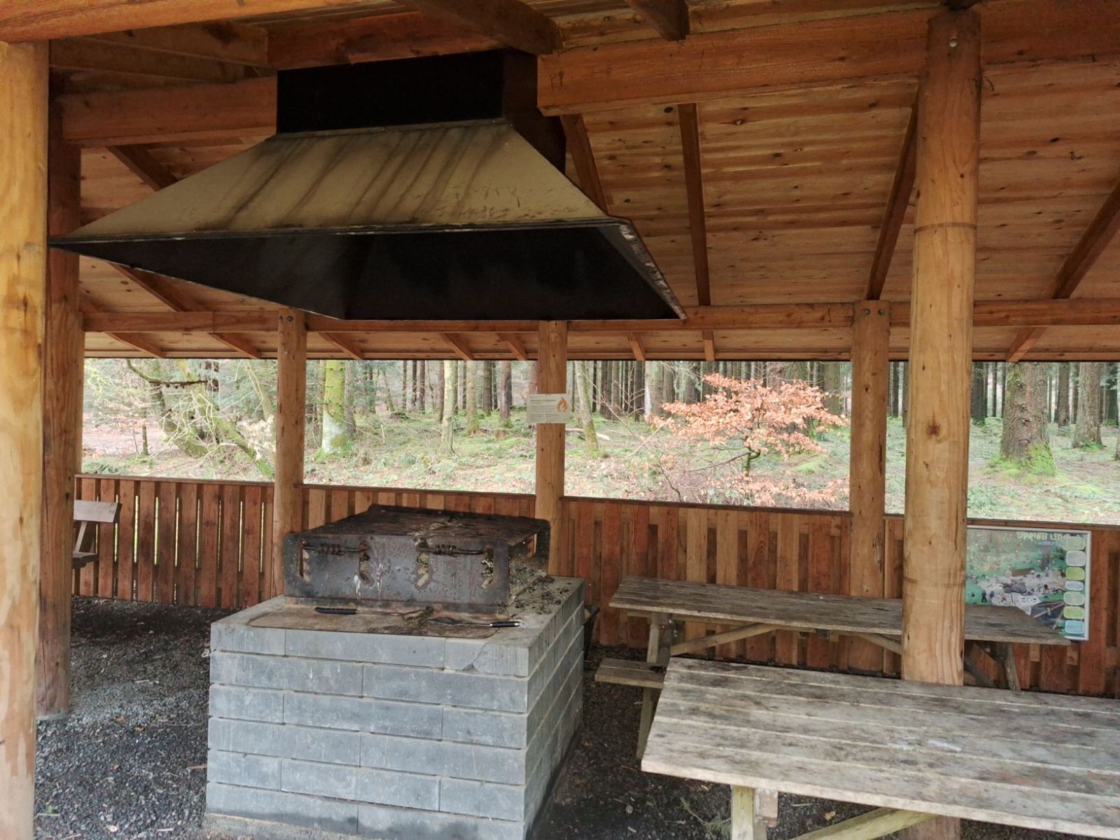 Grillstedet inde i madpakkehuset placeret centralt. Bordebænkesæt i begge ender af madpakkehuset.