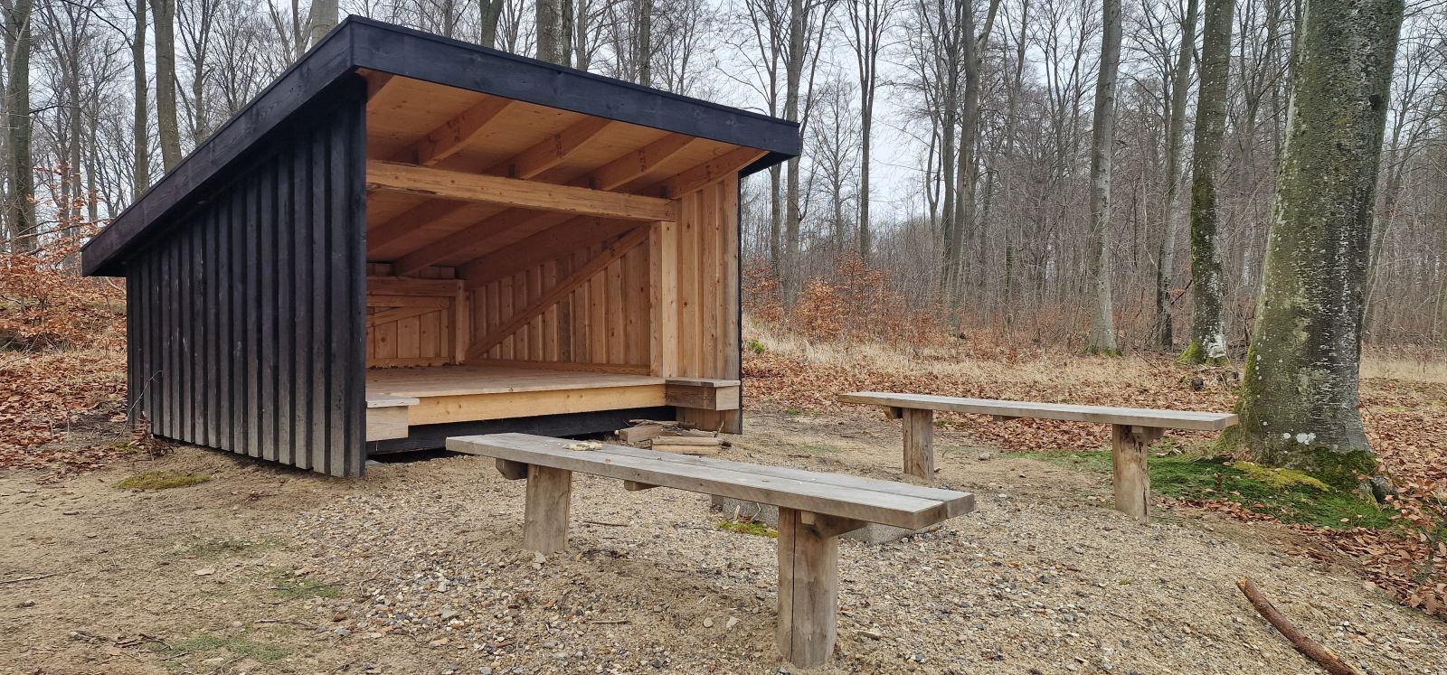 Billedet viser et lille, sortmalet shelter, med to bænke uden ryglæn foran. Mellem bænkene skimtes et lille bålsted. Shelter, bænke og bålsted står på grus. Shelteret er omkranset af bøgetræer. På jorden ligger brune blade, da det er efterår. 