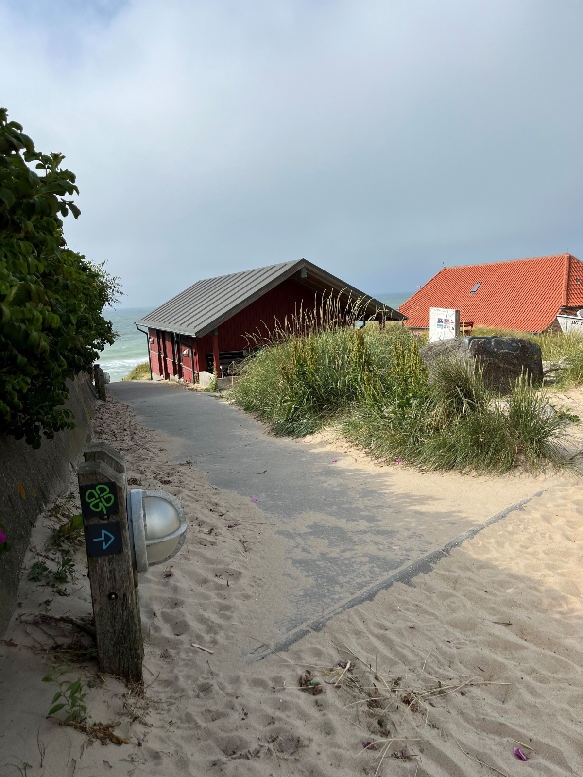 Til venstre ses en pæl med piktogrammer af blå og grøn kløversti, som krydser hinanden.  Underlaget er løst sand. 