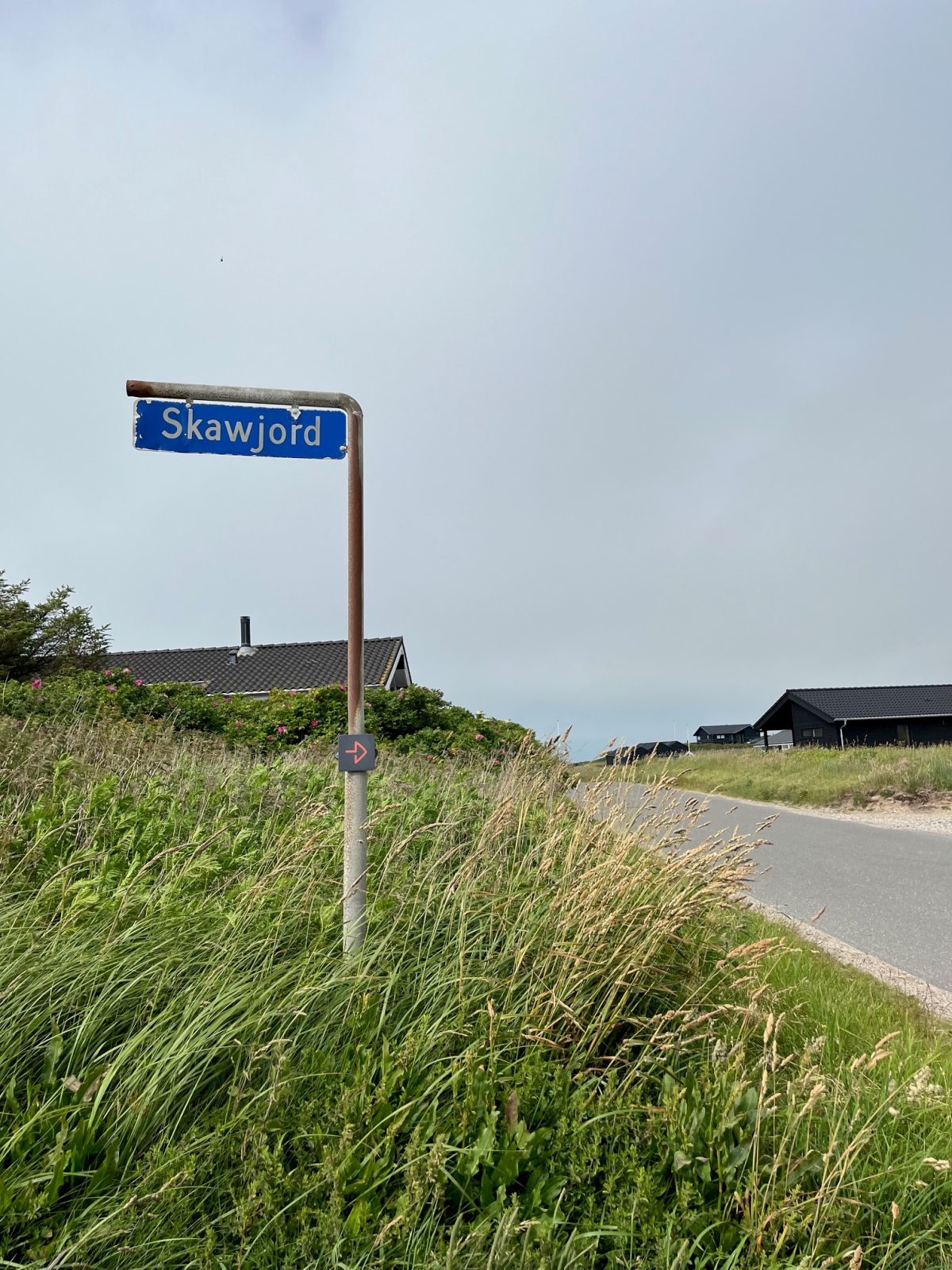 Vejen Skawjord hvor der er piktogram på pæl.