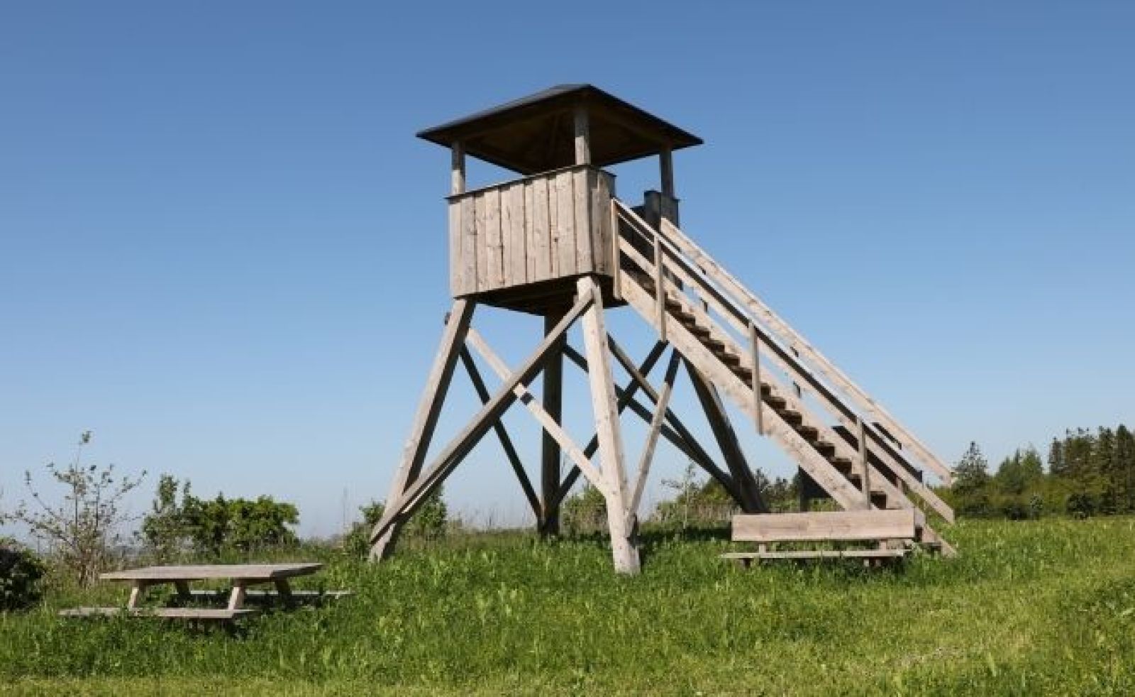 Der går en græsbeklædt sti fra vejen ind til tårnet. Trappen op til tårnet er ret stejl.