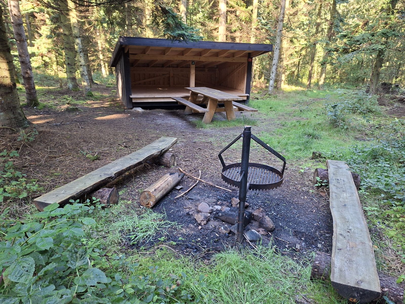 bålplads med grill, bord og bænke
