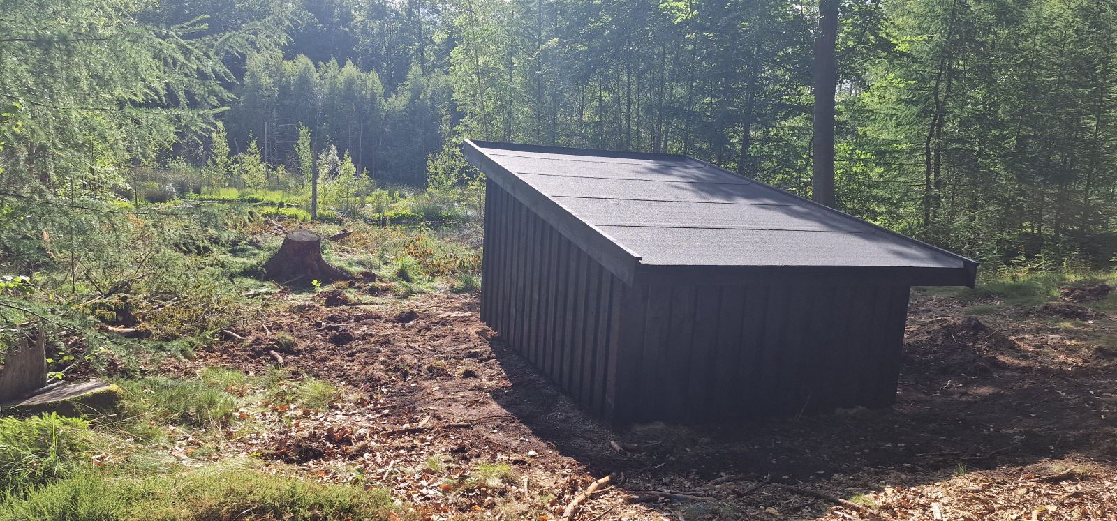 Billedet viser et lille, sortmalet shelter skråt bagfra. Shelteret står i en lysning i skoven. Til højre og venstre for shelteret ses nåletræer. Foran shelteret ses en mose. Underlaget er delvist græs og delvist bar jord.