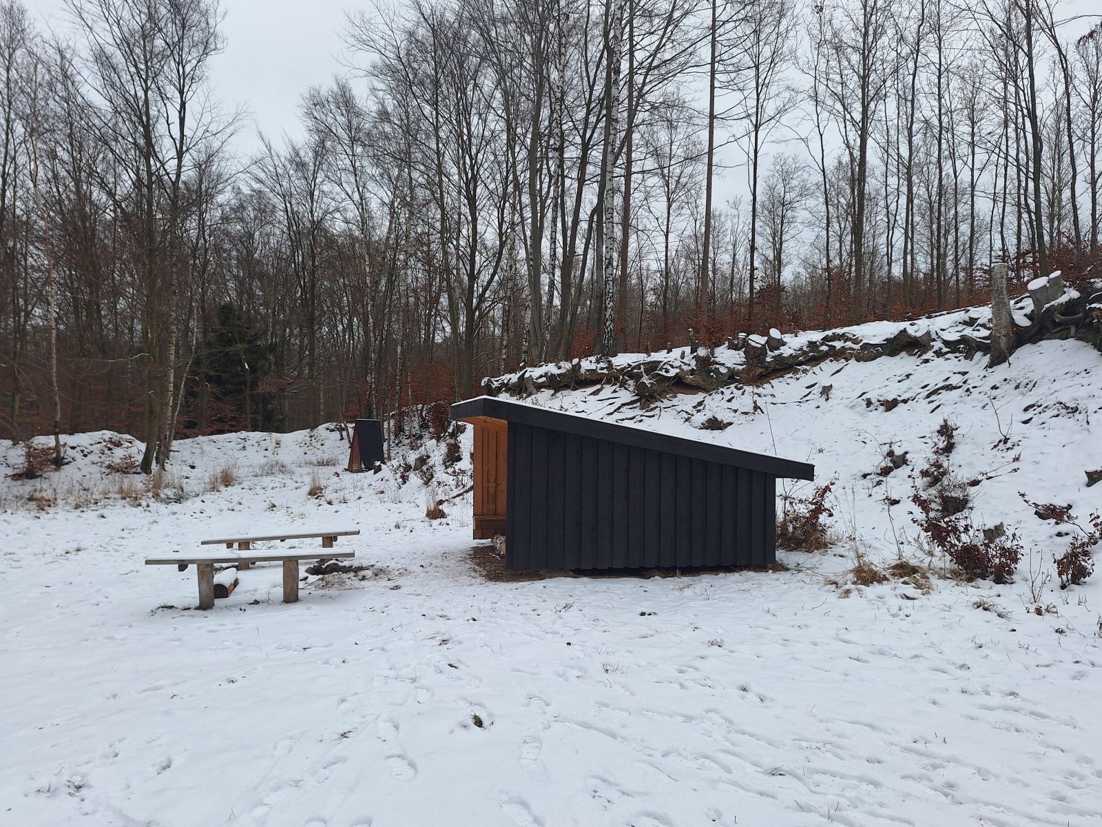 Billedet viser et shelter fra siden. Foran shelteret er et lille bålsted med en bænk på hver side. Der ligger sne og i baggrunden ses en lille trekantet hytte, der fungerer som muldtoilet. Bag dette bliver løvskoven tættere. 