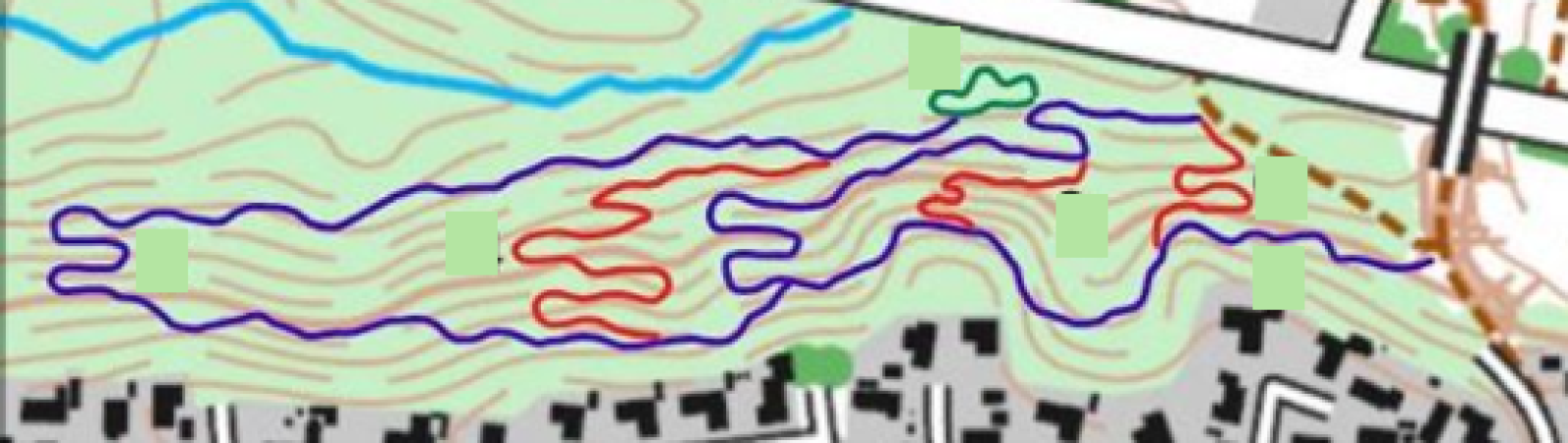 MTB-ruten : Grøn: Meget let ; Blå: Let ; Rød: Middel