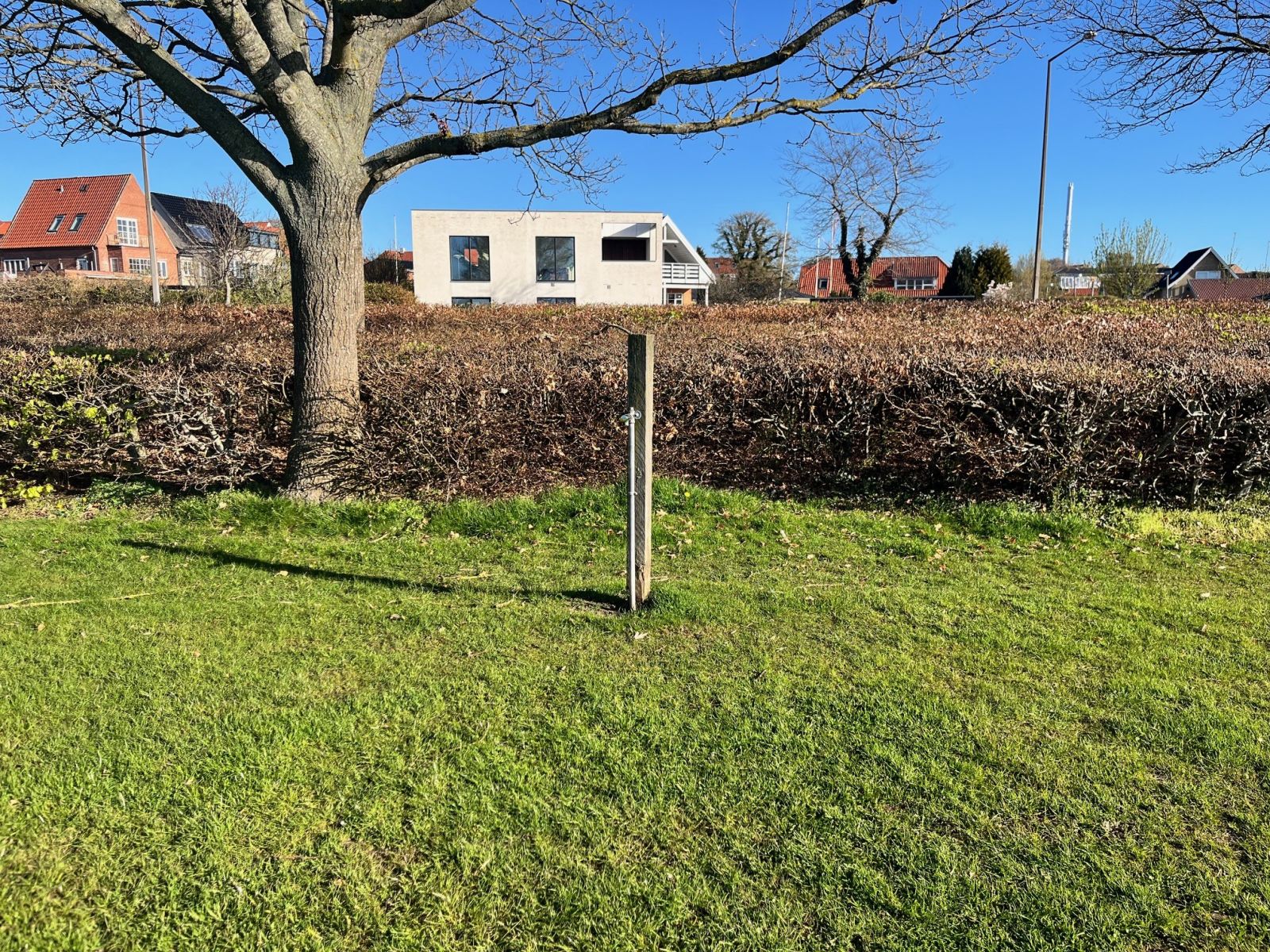 Pæl i græsplæne med vandpost med trykknap