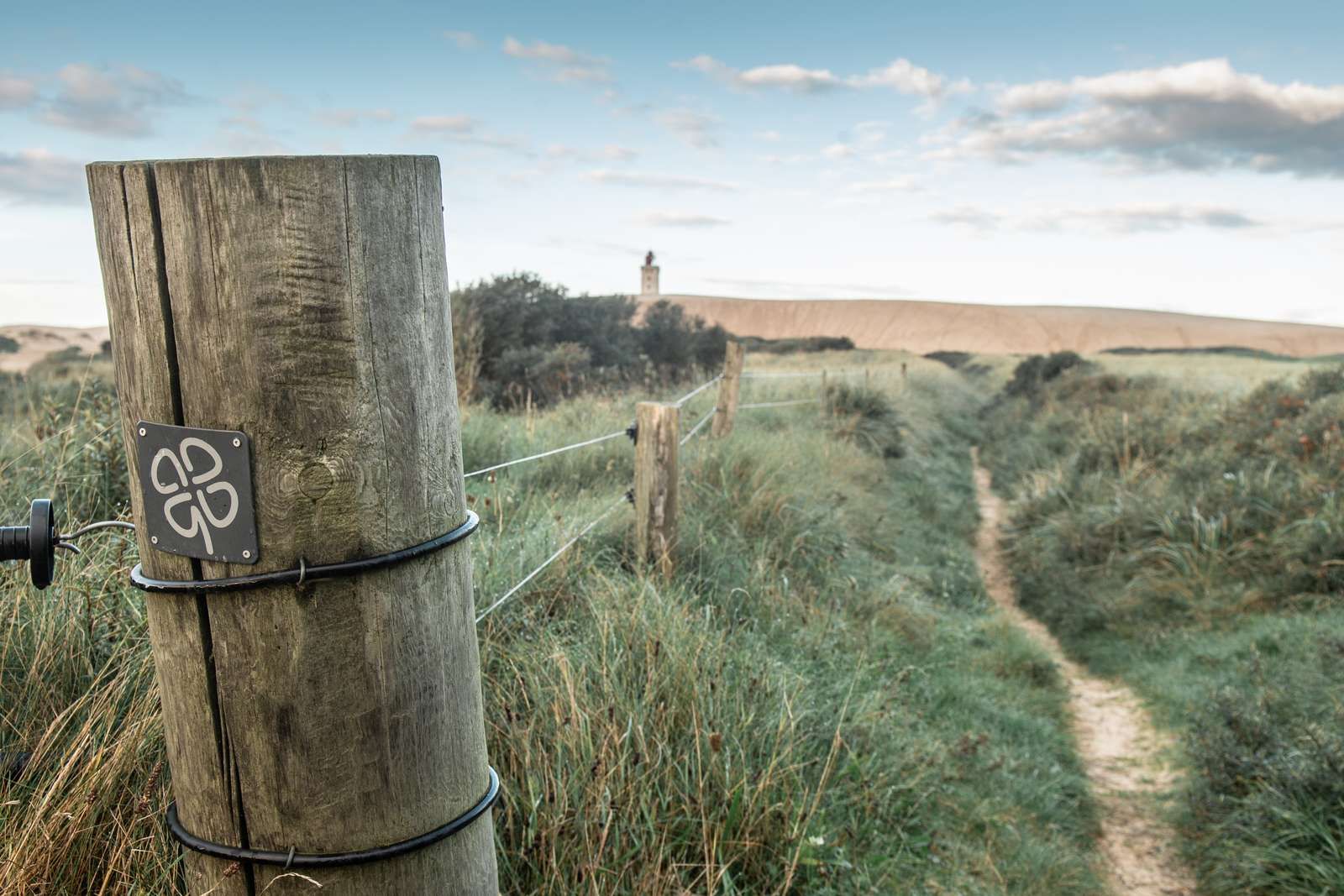 Den Sorte Kløversti ved Rubjerg Knude. På pælen ses piktogrammer for Den Sorte Kløversti som skal følges på ruten. 